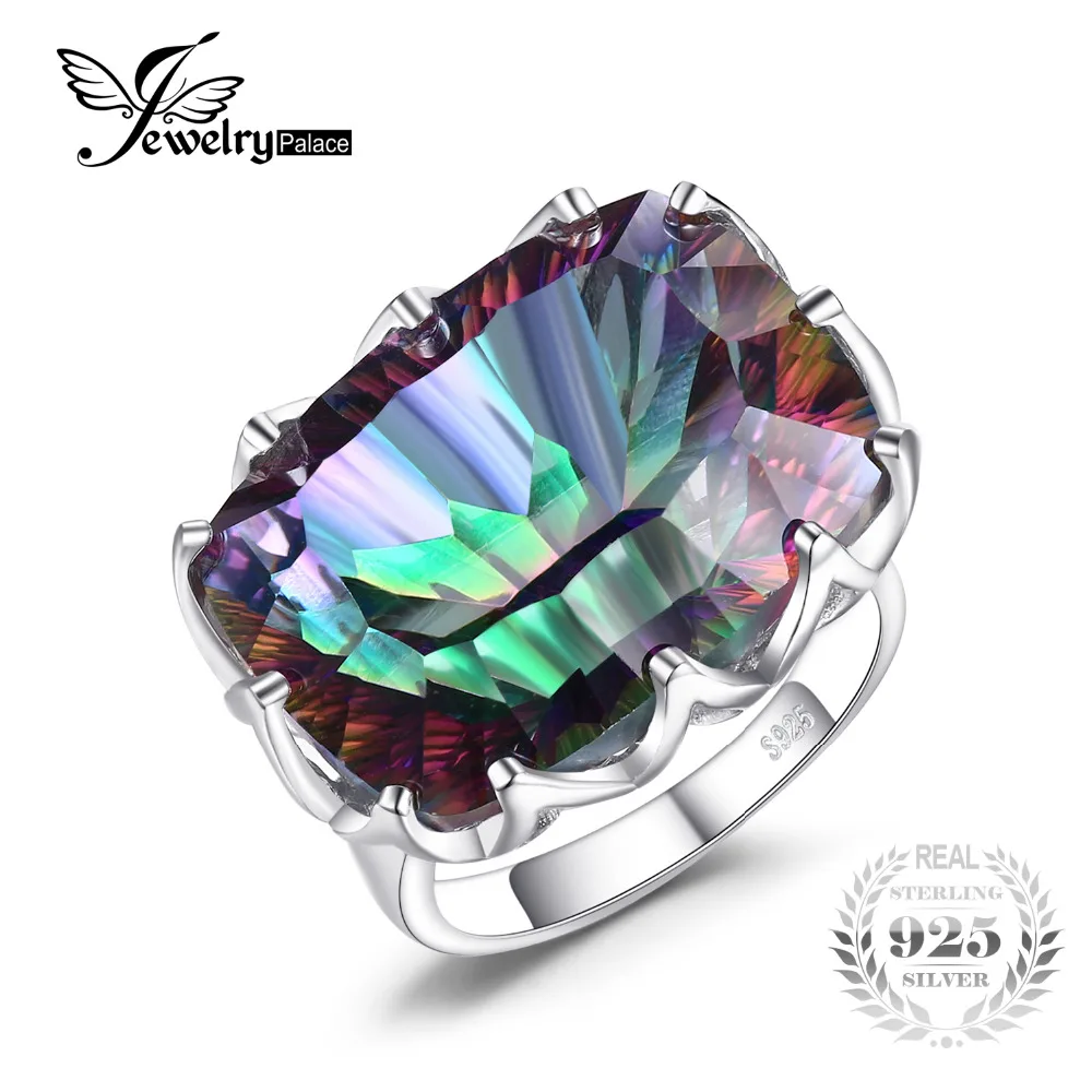 JewelryPalae 23ct Natural Rainbow Fire Mystic Topaz Cocktail Ring Genuine 925 Sterling Silver Women Fashion Luxury Brand Jewelry