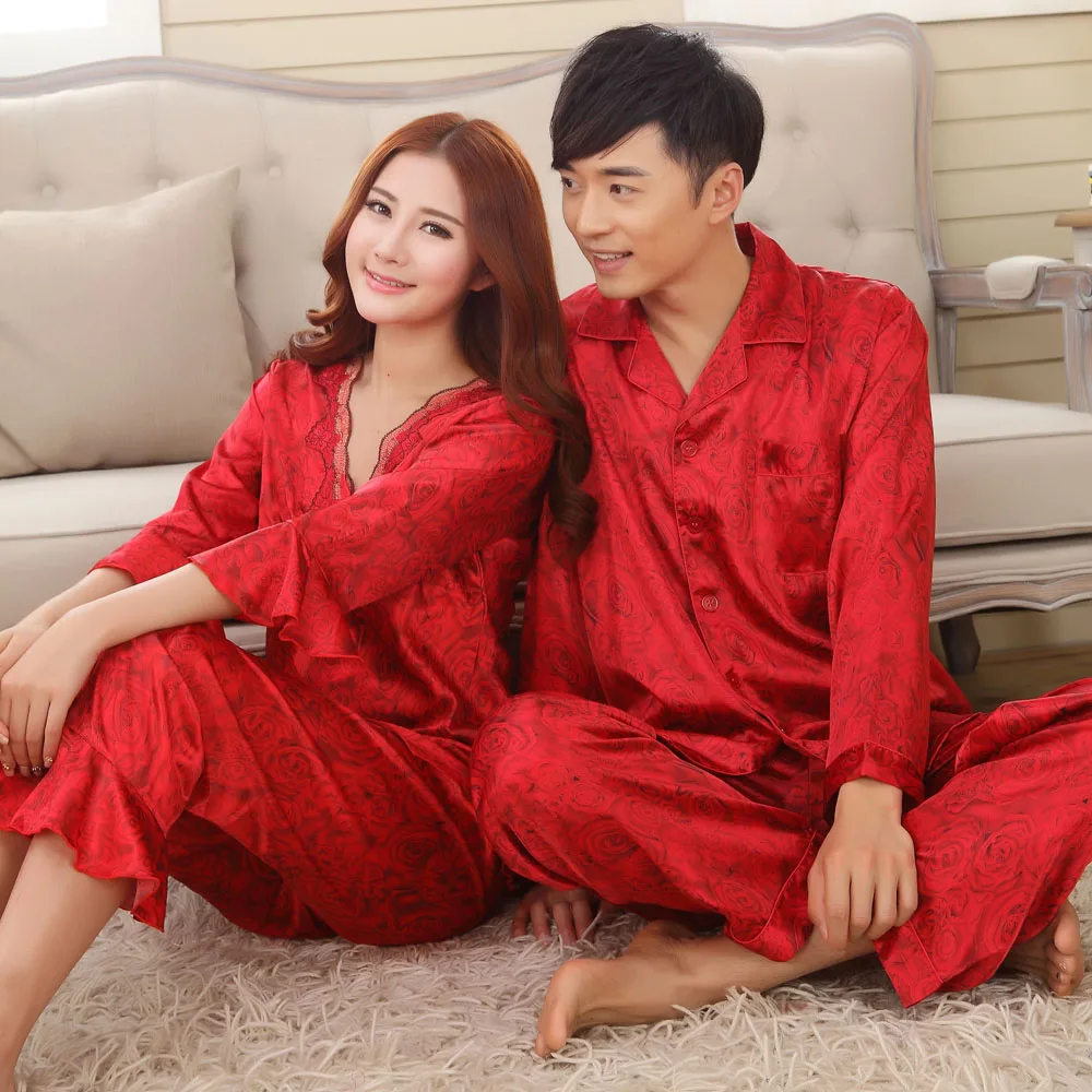 Мужские пижамные комплекты из искусственного шелка, мужские пижамы для сна и отдыха, Китайская Красная Свадебная Пижама для женщин, парные пижамы, женские пижамы