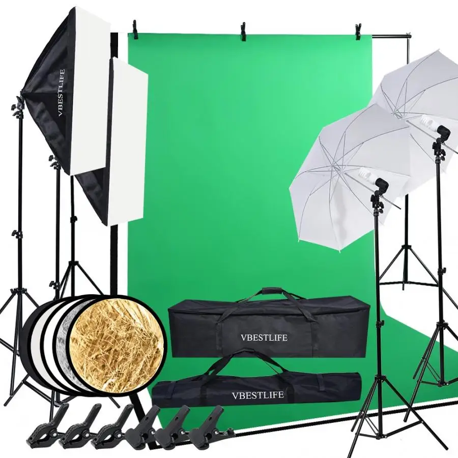 

Backdrop Stand+1.6*3m Backdrop+50*70cm Softbox+Lamp Holder+Bulb+83cm Photography Umbrella+2m Light Stand+60cm Light Reflector
