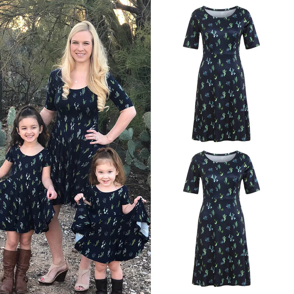 

mom daughter clothes Me Short Sleeves Cactus Print Children's Dress Family Matching Clothes mae e filha anne kiz elbiseler #y2