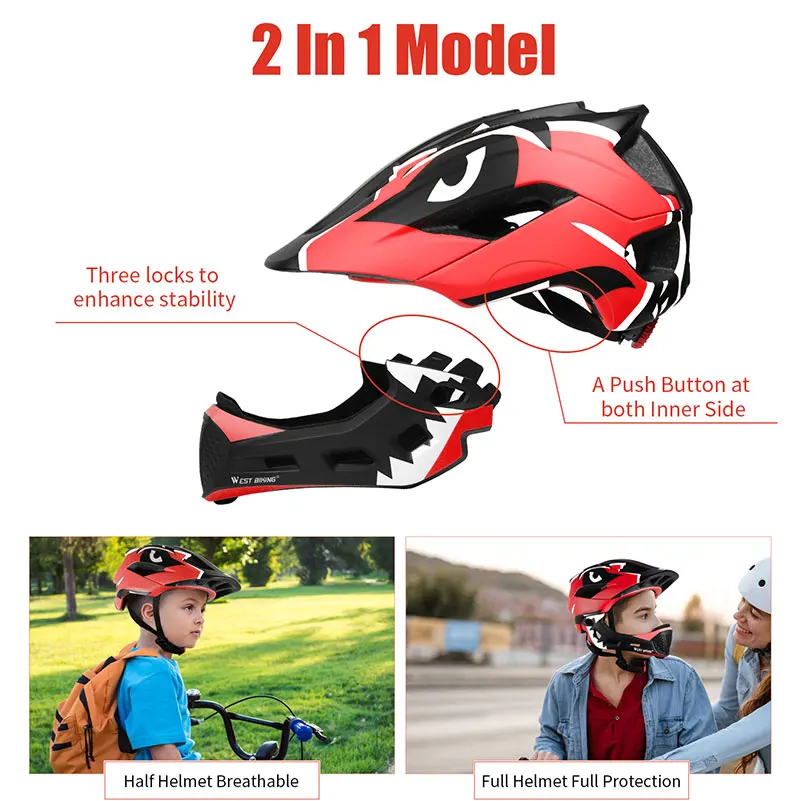 WEST BIKING Bike Children Helmet 52-56CM Lightweight 2 In 1 Safety Kids Helmet Full Face Cycling Protector Hat Bicycle Helmet