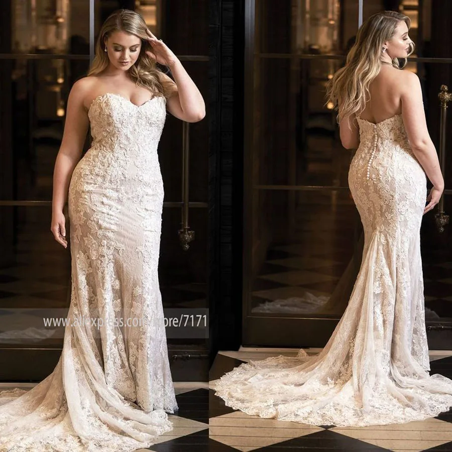 

Sweetheart Neckline Full Lace Applique Sleeveless Plus Size Mermaid Wedding Dress with Button Backless Sweep Train Bridal Dress