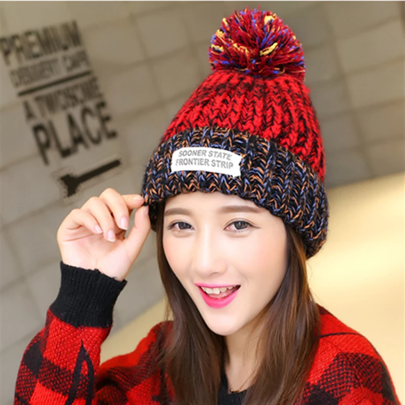 1pcsWinter Beanies For Women Knitted Hats Mix Colors Skullies And Beanies Knit Big Pompom Caps