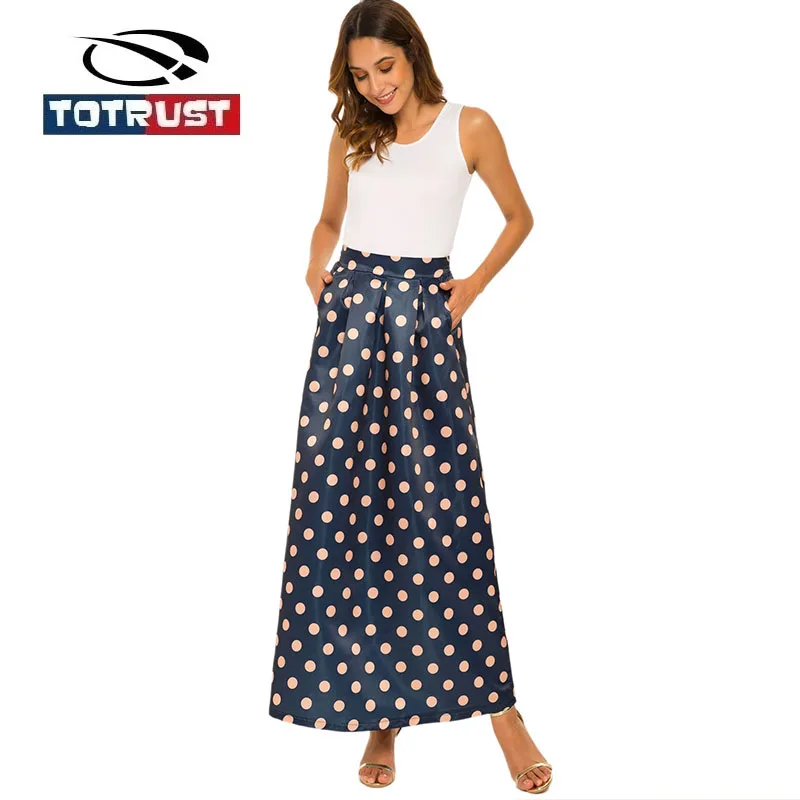 

TOTRUST Long Pocket Skirt For Women 3XL Summer Vintage Floral Print Skirt High Waist Black White Polka Dot Skirt Jupe Longue