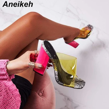 

Aneikeh Fashion 2020 PVC Concise High Heel Slippers Square Slippers Sexy Transparent Open Toe Shallow Women's Pumps Size 41 42