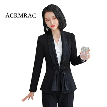 

ACRMRAC Women suits Slim Solid color jacket Wide leg pants 2 pieces set OL Formal Women pants suits Womens business suits 9196