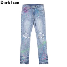 Темные иконы Красочные фольги краски брызги джинсы мужские рваные джинсы Карандаш Высокая уличная мода джинсовые мужские брюки
