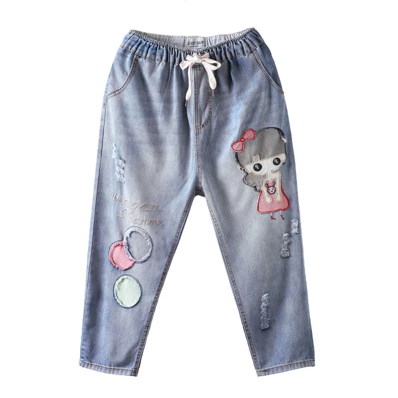 QPFJPD/летние свободные джинсы с дырками и вышивкой для девочек в стиле мори; женские повседневные хлопковые брюки с эластичной резинкой на талии; брюки с милым рисунком; сезон весна-осень