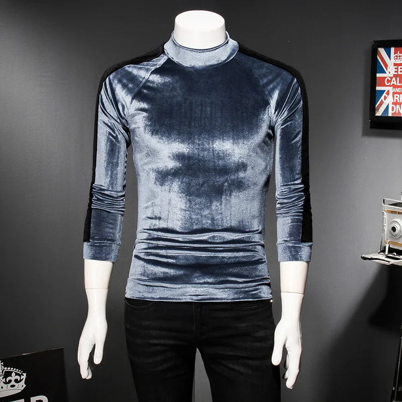 

Turtleneck velvet tshirt men 2018 new Autumn winter long sleeve stripe sleeve undershirt men luxury Elegant slim fit men tshirt