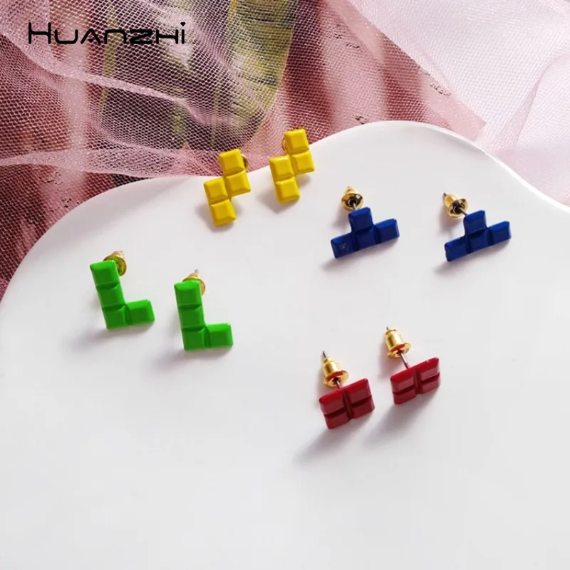 

HUANZHI Colorful Sweet Simple Geometric Tetris Design Personality Square Alloy Stud Earrings for Woman Girls Party Jewelry Gifts