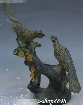 

9" Old Chinese Bronze Gilt Plum Blossom Lucky Two Magpie Magpies Bird Statue