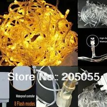 10 м 100LED лампы Рождественская фея Гирлянда Свет Водонепроницаемый 8 меняющийся режим обратно соединения серии подключения ЕС 220 В Рождество открытый желтый