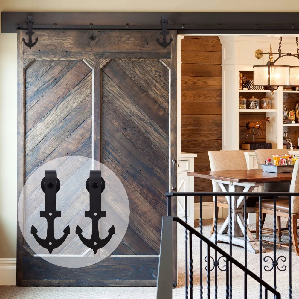 LWZH Closing Antique Style Steel Sliding Barn Door Top Mounted Hanger Track Hardware Kit Black Anchor Shaped for Single Door