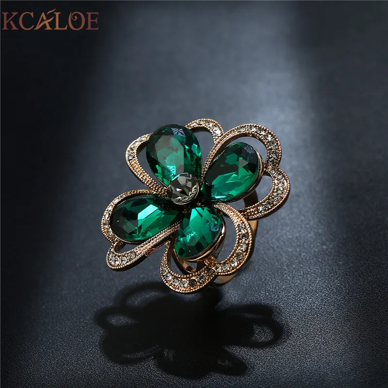 KCALOE, роскошные кольца с зеленым австрийским кристаллом, стразы, свадебные ювелирные изделия, титановое золото, большие цветы, очаровательное кольцо для женщин