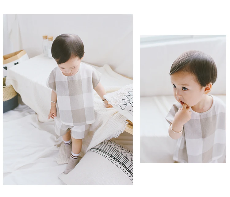 Летний комплект клетчатой одежды в Корейском стиле для маленьких мальчиков детские хлопковые льняные футболки с короткими рукавами+ шорты, комплект из 2 предметов