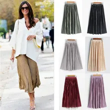 Женская шелковая длинная Плиссированная юбка-светильник металлического цвета, плиссированная юбка половинной длины, эластичная юбка, Женская плиссированная юбка с высокой талией 6,25