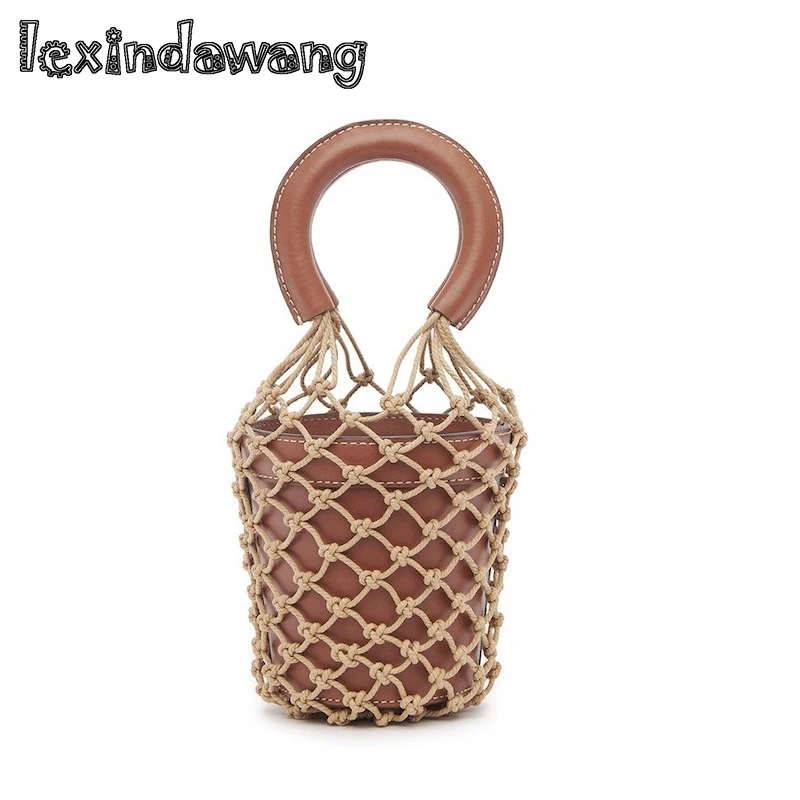 

Korean Japanese Ins Popular Hollow Net Bags Chic Women Bucket Tote Bag Barrel Shaped Lady Vintage Handbags Leather Composite Bag