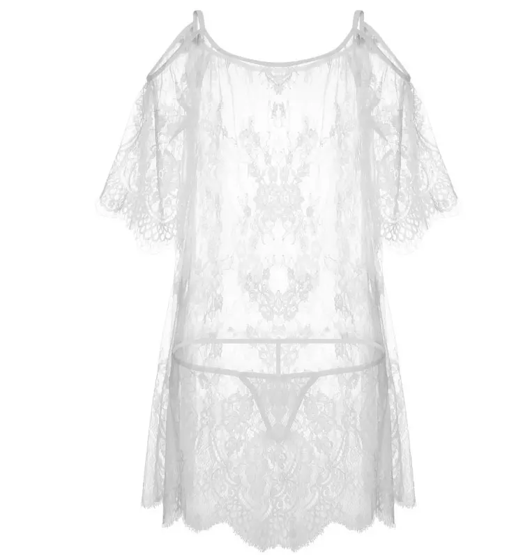 Yhotmeng2019 новые сетчатые прозрачные сексуальные слинги с пятиточечными рукавами с цветочным принтом сексуальные кружевные пижамы Ночная рубашка набор черный и белый - Цвет: Белый