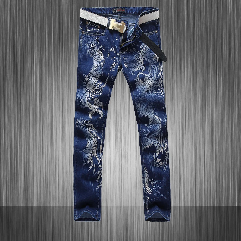 High Quality New 2015 fashion male blue print dragon paint jeans men s personality denim skinny