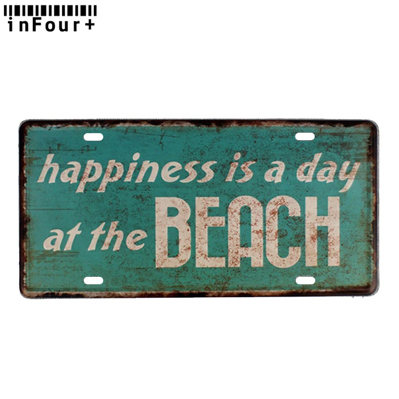 Happiness Is At The Beach Metal Car License Plate Vintage Home