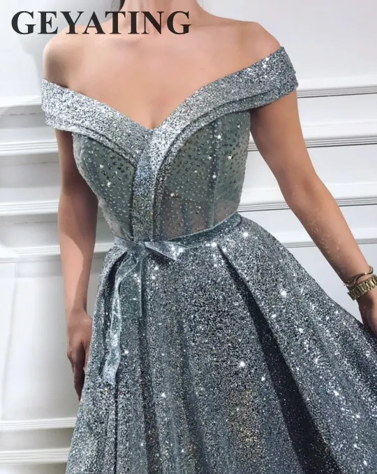 Элегантный с плеча серебристо-серый платья для выпускного вечера 2019 Vestido de festa блестящие пайетки женское вечернее платье Длинные Вечеринка