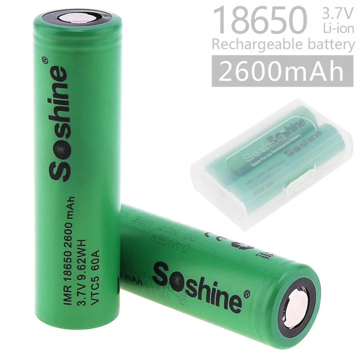 Soshine 2pcs 2600mah imr 18650 60a 3 7v 9 62wh vtc5 rechargeable li ion