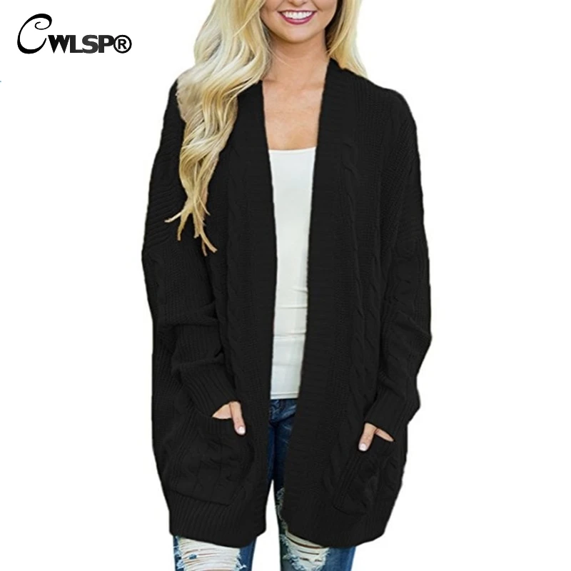 CWLSP 2018 Autumn Winter Long Sleeve Loose Sweater Womens Knitted Cardigan Sweater For Women Top Female Coat Plus Size QZ2964