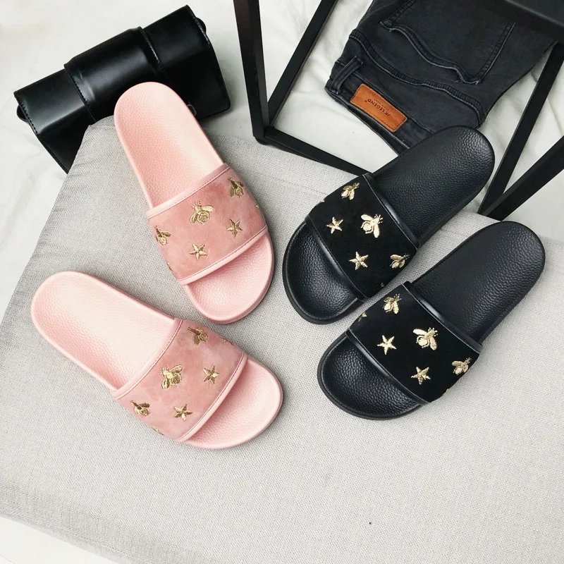 

2018 New Shoes Woman Slides Flock Gold Embroidered Stars Pattern Shoes Open Toe Summer Slipper Brand Casual Shoes Runway Shoes