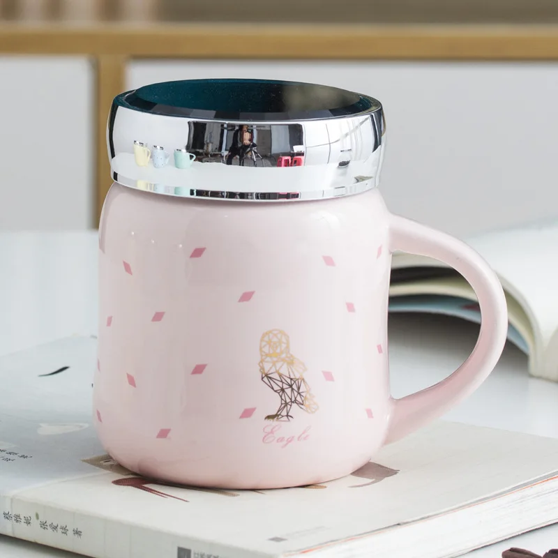 pink colour Маленькая свежая зеркальная лапша крышка керамика Beibo точка животных офис чашки студенческие любителей кофе Марк стекло - Цвет: pink colour