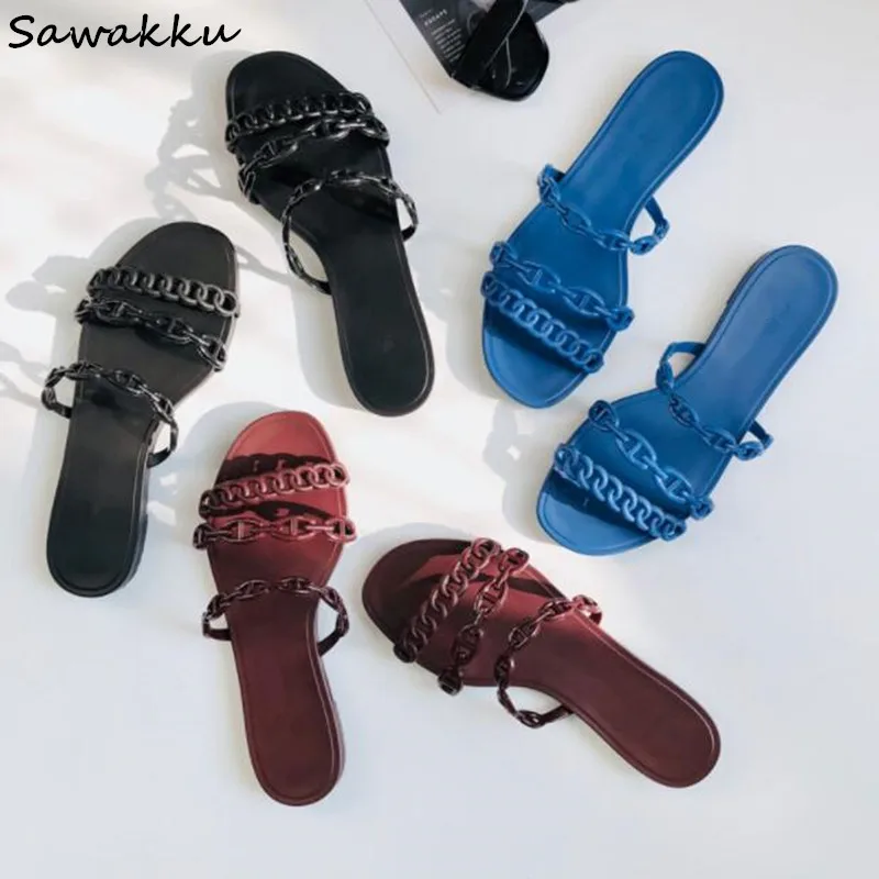 

2019 New Summer Shoes Woman H Designer Woman Rubber Slides Casual Cozy Flats Outside Chain Hollow Slippers Woman Beach Sandals