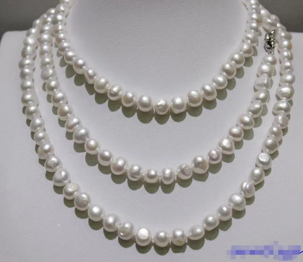 

Free shipping hot sale Women Bridal Wedding Jewelry >>White long necklace Baroque Fresh water pearl necklace 7x9mm 48INCH