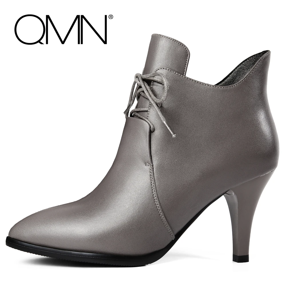 

QMN genuine leather women ankle boots Women Med-Heeled Pointed Toe Sexy Fashion Boots Zip Shoes Woman Leather Bootie Bots 34-42