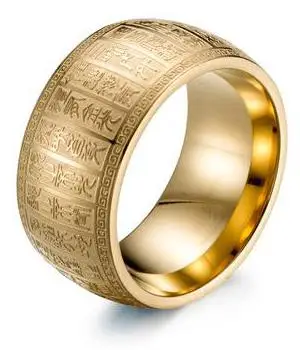 Широкий 11 мм резной Древний китайский буддизм Писание Сверхъестественное мужские кольца перстни из нержавеющей стали золото и серебро палец кольцо - Цвет основного камня: Gold