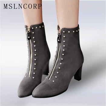 

Plus Size 34-43 New Women Boots Spring Autumn thick High Heels Ankle Boots Pointed Toe Zip Rivet Martin Boots Sexy Ladies Shoes