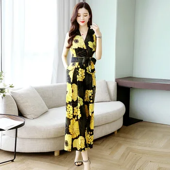 

Elegant Ladies Jumpsuits Romper V-neck 2020 Summer Women Sets One Pieces Fashion Print Sashes Wide Leg Pant Women Jumpsuits WJ53
