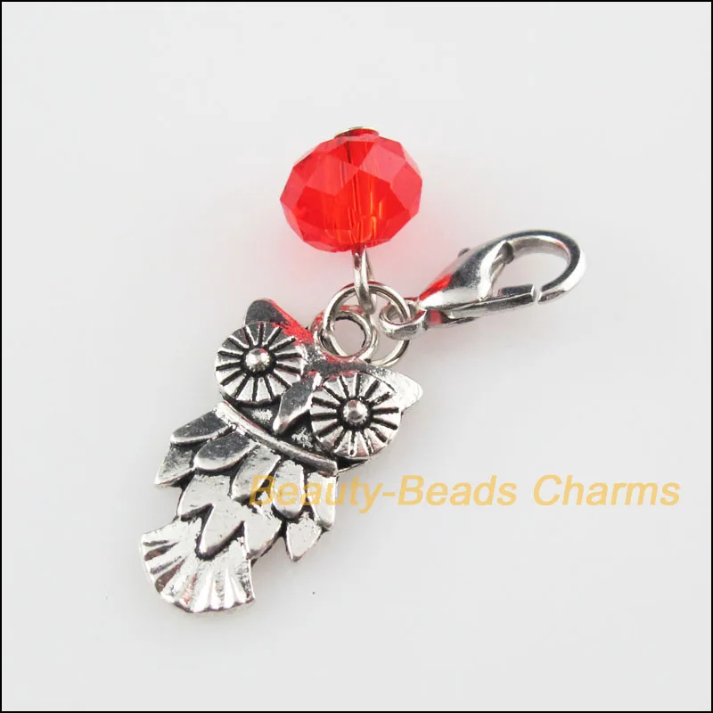 

6Pcs Tibetan Silver Animal Owl Charms Pendants Red Crystal Beads Lobster Clasp