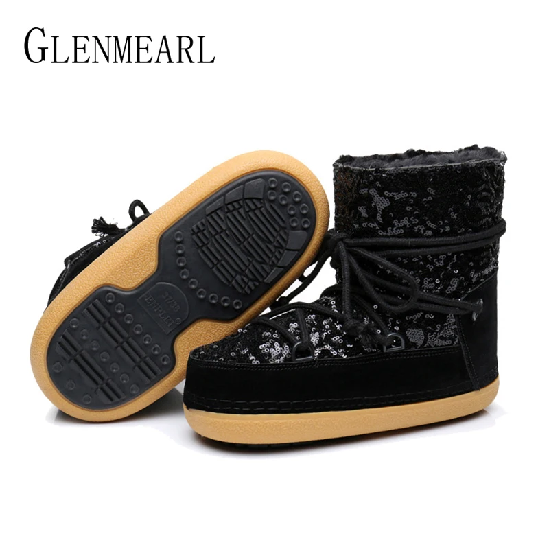 Brand Women Winter Snow Boots Ankle Warm Fur Shoes Female Platform Non Slip Bling Boot Woman Round Toe Plus Size Ladies Shoe DE Women's Shoes