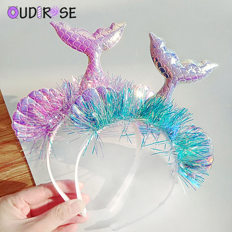 

OUDIROSE 1pc Mermaid Tail Hair Band Girl Happy Birthday Party Decoration Flower Tulle Headband Princess Tiara Baby Shower Gift