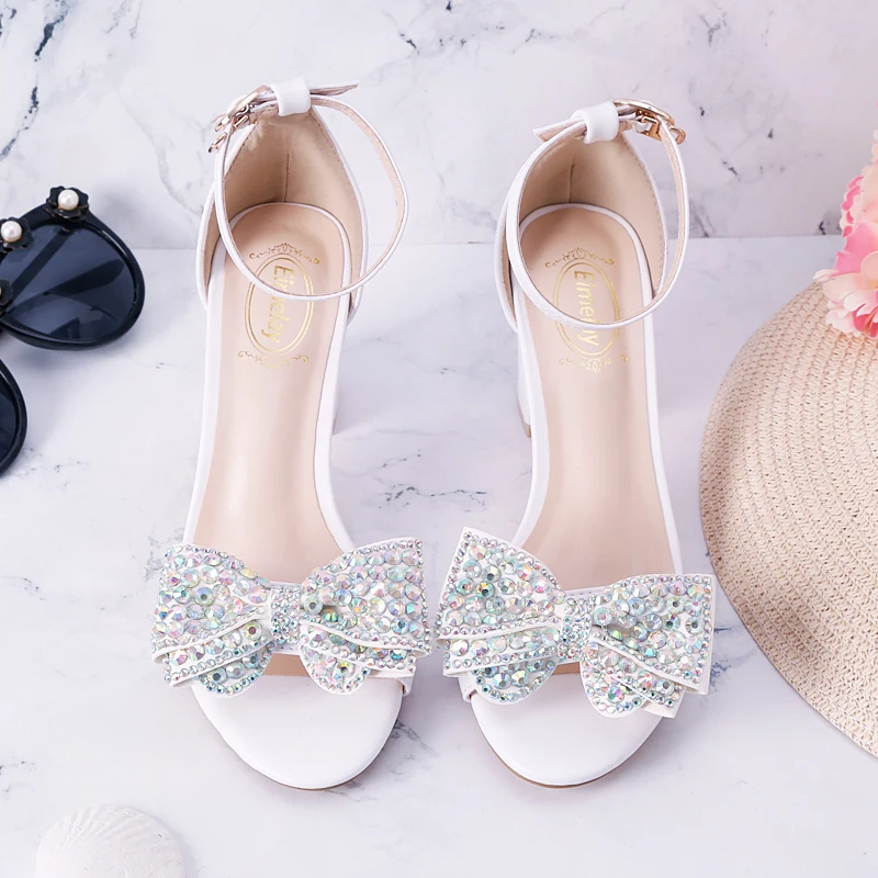 Cheap Junior high school students thick heel open toe white female sandals A word buckle wristband rhinestone butterfly Bow Shoes