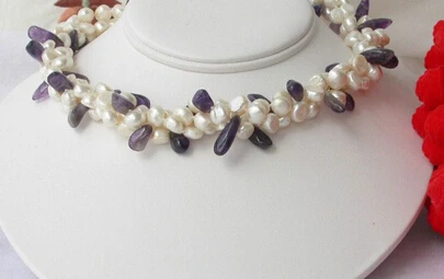 

ddh003499 Elegant 3strands baroque pearl purple crystal Necklace