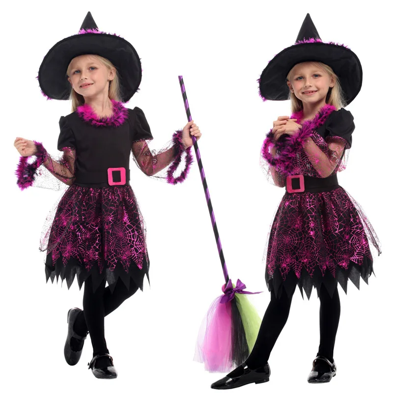 

New Witch Costume for Kids Girls Halloween Christmas Carnival Masquerade Children Magician Wizard Cosplay Dress Clothes with Hat