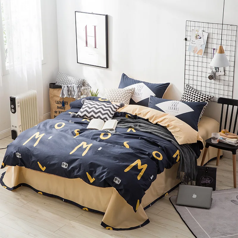 

Dark +Yellow Letter Pattern 100% Cotton Bedding Set 4Pcs Duvet Cover Sets Bed Linen Flat Bed Sheet Set Pillowcase Home Textile