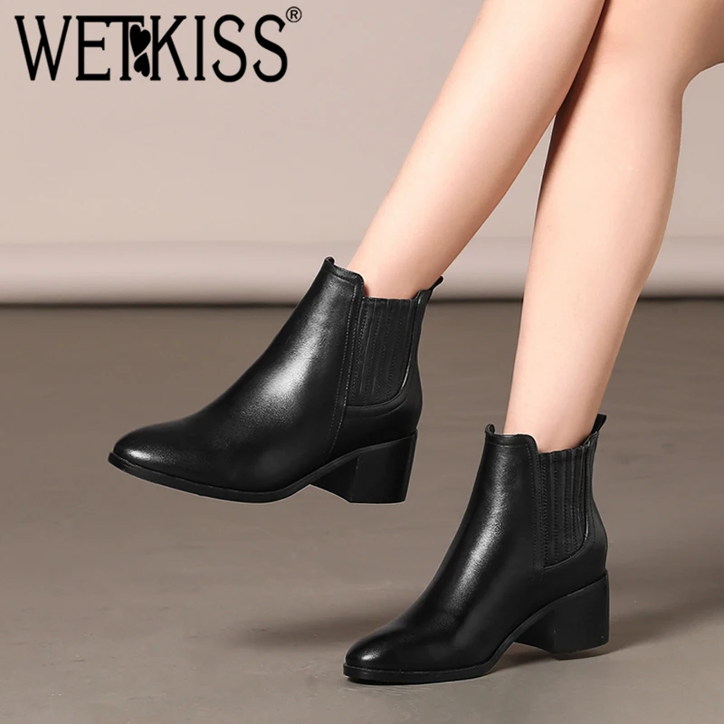 Kopen WETKIS Hoge Hakken Enkellaars Vrouwen Chelsea Laarzen Herfst 2018 Fashion Hoge Hals Schoenen Dames Winter Korte Pluche Lederen Schoeisel