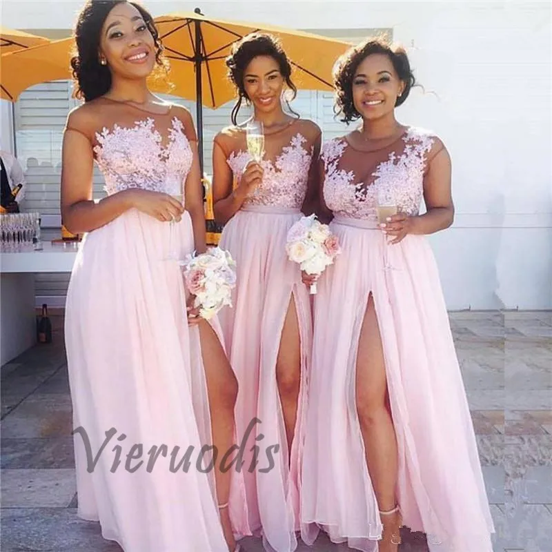 20-1        Chiffon Sheer Neck Lace Applique Long Bridesmaid Dresses Side Split Formal Party Gown Plus Size vestido de festa longo