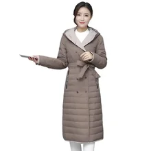 Осенне-зимний Двусторонний пуховик женский Тонкий светильник с капюшоном 90% утиный пух пальто с поясом Женская длинная парка