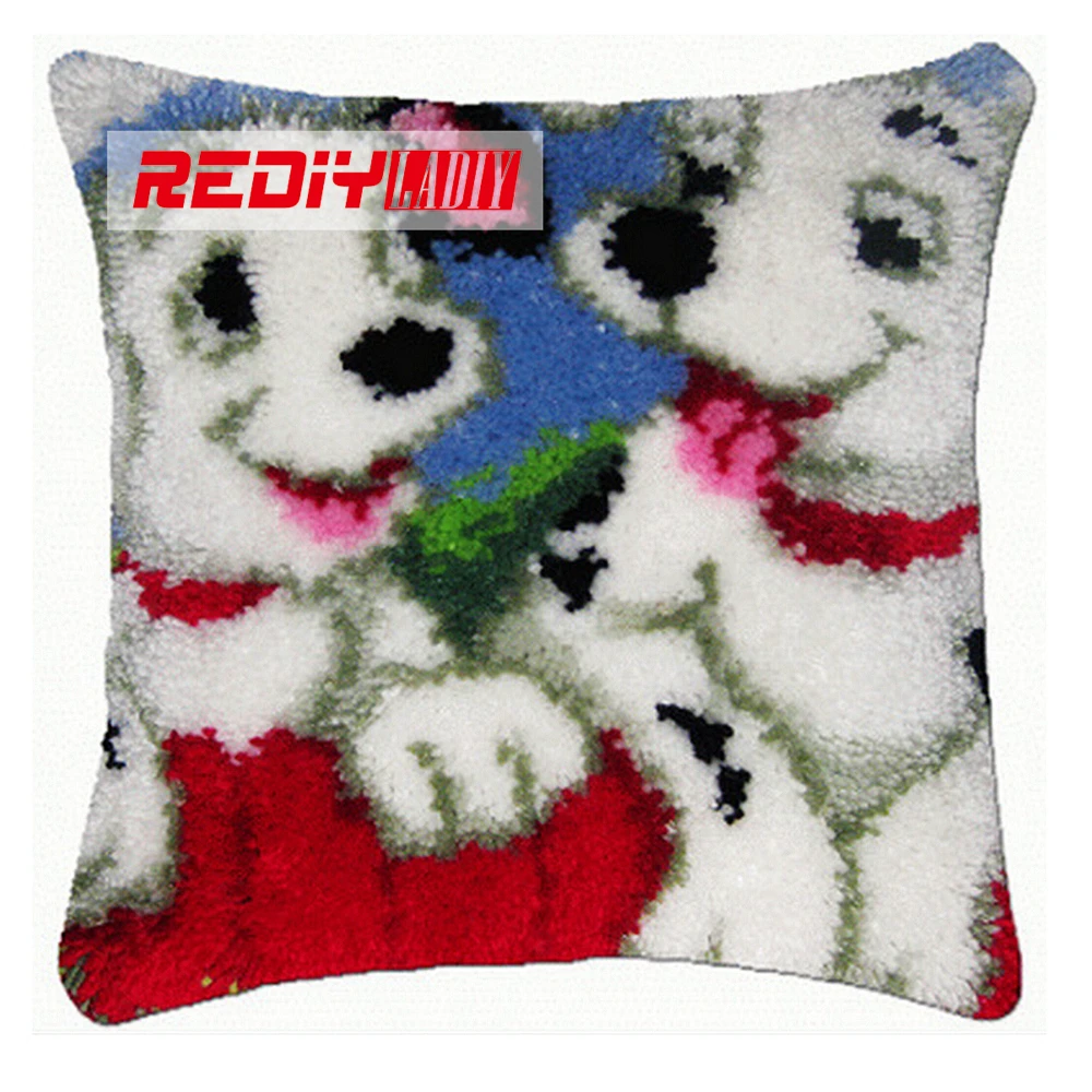 

Hot Latch Hook Pillow Kits White Dog Brothers 3D DIY Needlework Crocheting Rug Kits Handmade Embroidery Unfinished Pillowcase