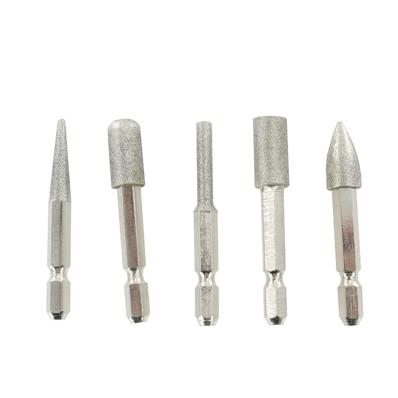 

5Pcs/Set Diamond Grinding Head Shank Silver Diameter 6.35mm Use for Polishing of Jade and Metal Universal Abrasive Tool