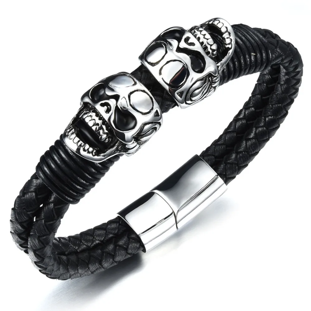 Fashion Men Jewelry Black Cuff Braided Leather Bracelet Skull Skeleton