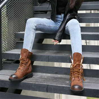 

PXELENA Vintage Rome Punk Gothic Boots Women Autumn Winter Shoes Cow Suede Low Heels Lace Up Knight Western Cowboy