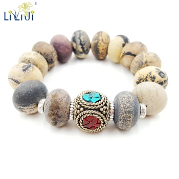 

LiiJi Unique Natural Stone Yellow Jaspers Tibet Turquoises Charm Men Bracelet Approx 21cm/8.25inches